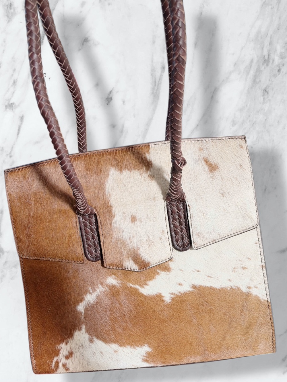 genuine brown & white cowhide leather tote bag – western hair-on hide purse